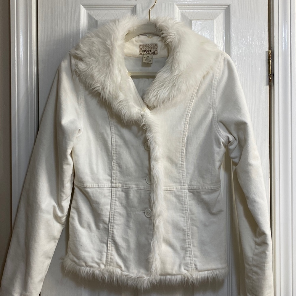 Stay Cool White Corduroy Faux Fur Trimmed Jacket Size M